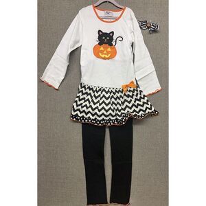 BNWT Ann Loren Halloween Black Cat In Pumpkin Dress Pants Set Girls Size 9/10